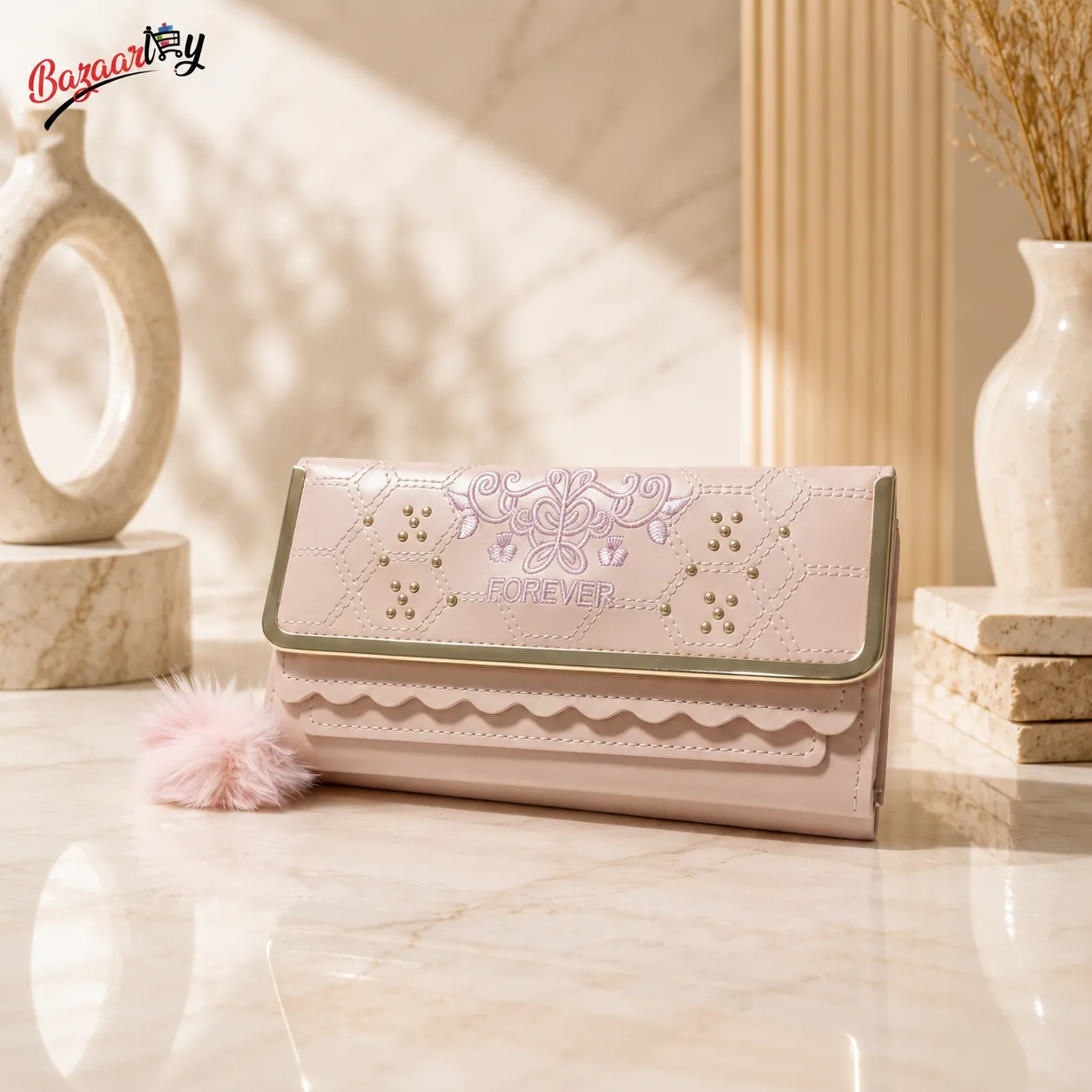 Elegant Pink Embroidered Clutch Bag for Women – Quilted Handbag with Gold Trim & Pom Pom Charm